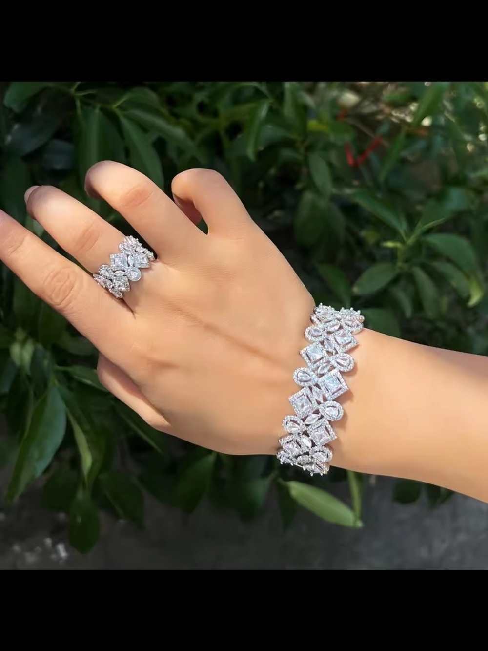 Diamond-Style Silver CZ Floral Bracelet and Ring Set - Picture 3 of 6